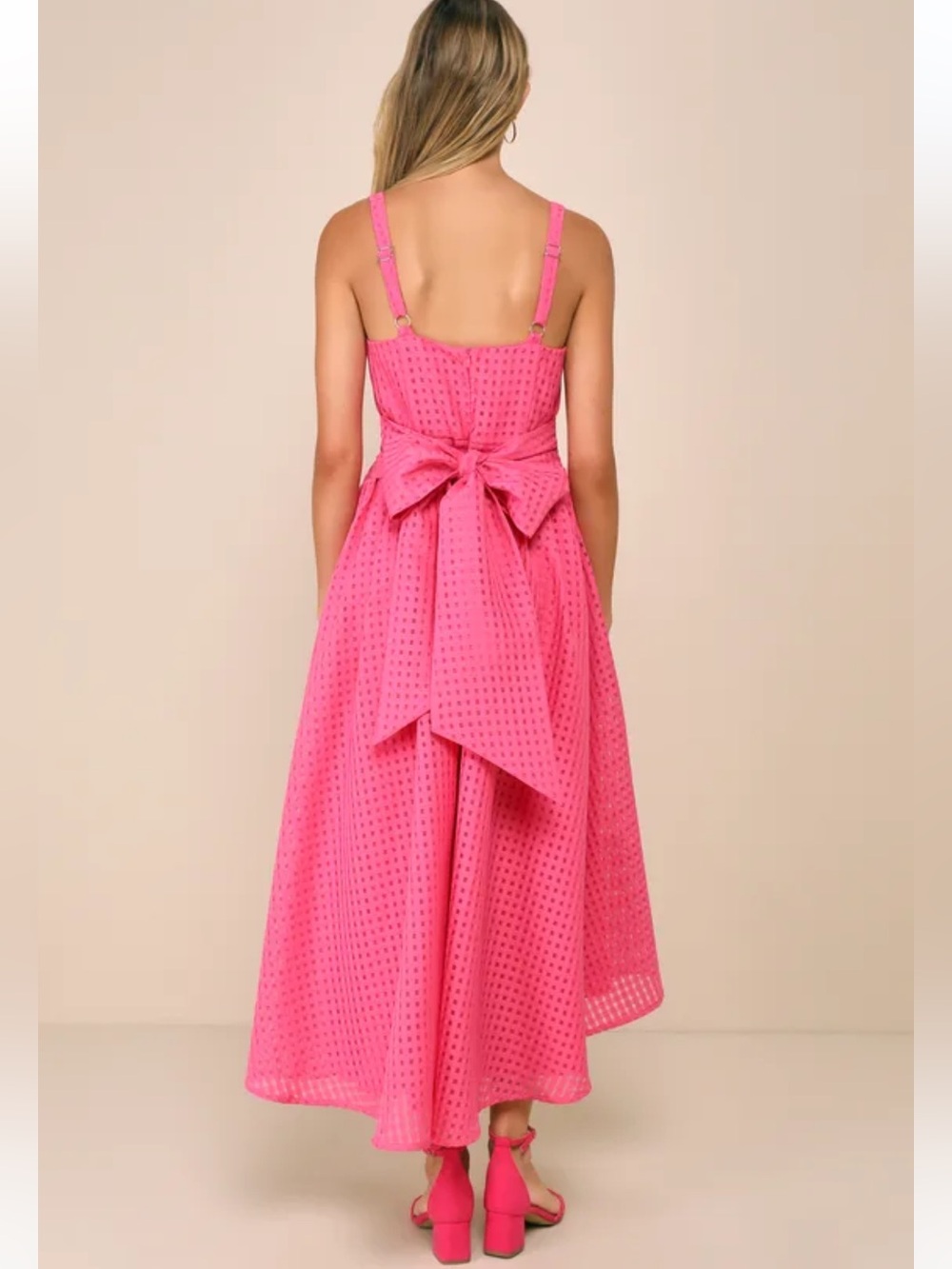 Lulus Definitely Stunning Hot Pink Barbie Core Gingham Burnout Midi Dress NWT M - Picture 3 of 16